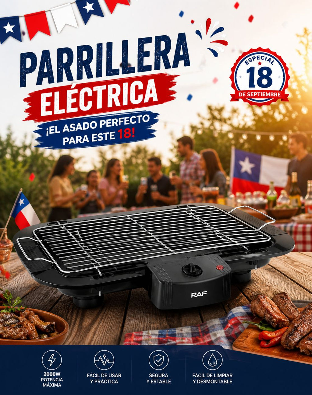 Parrillera Eléctrica RAF 2000W con Temperatura Ajustable