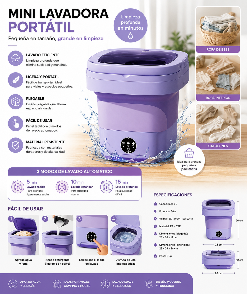 Mini lavadora portátil plegable con centrifugado de 8 L