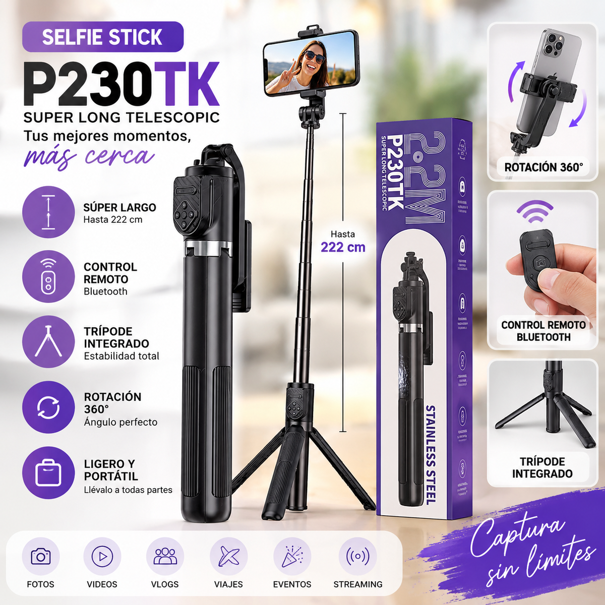 Selfie Stick Trípode Telescópico 2,22 m con Control Bluetooth P230TK