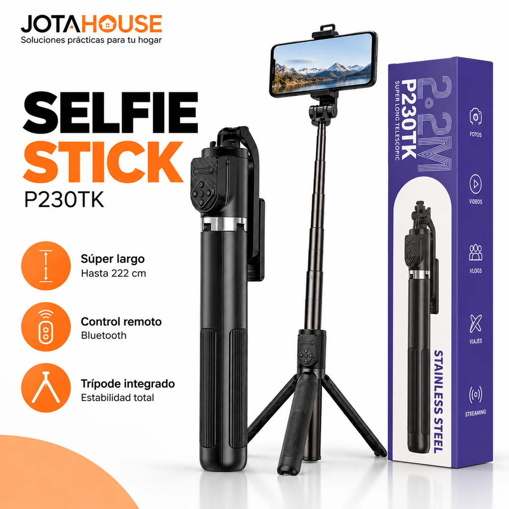 Selfie Stick Trípode Telescópico 2,22 m con Control Bluetooth P230TK