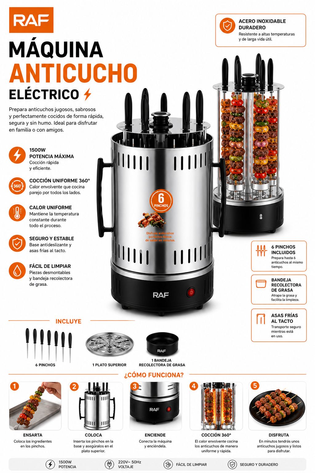 Máquina de Anticuchos Eléctrica RAF 1500W – 6 unid