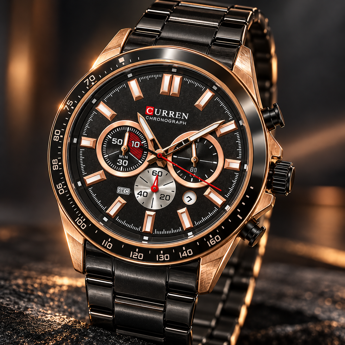 Reloj Curren para Hombre Cronógrafo Negro con Correa Metálica
