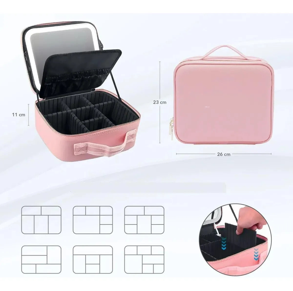 Bolso Maquillaje Cosmetiquero Espejo Led Bolso Mano 26x23x13 Rosa