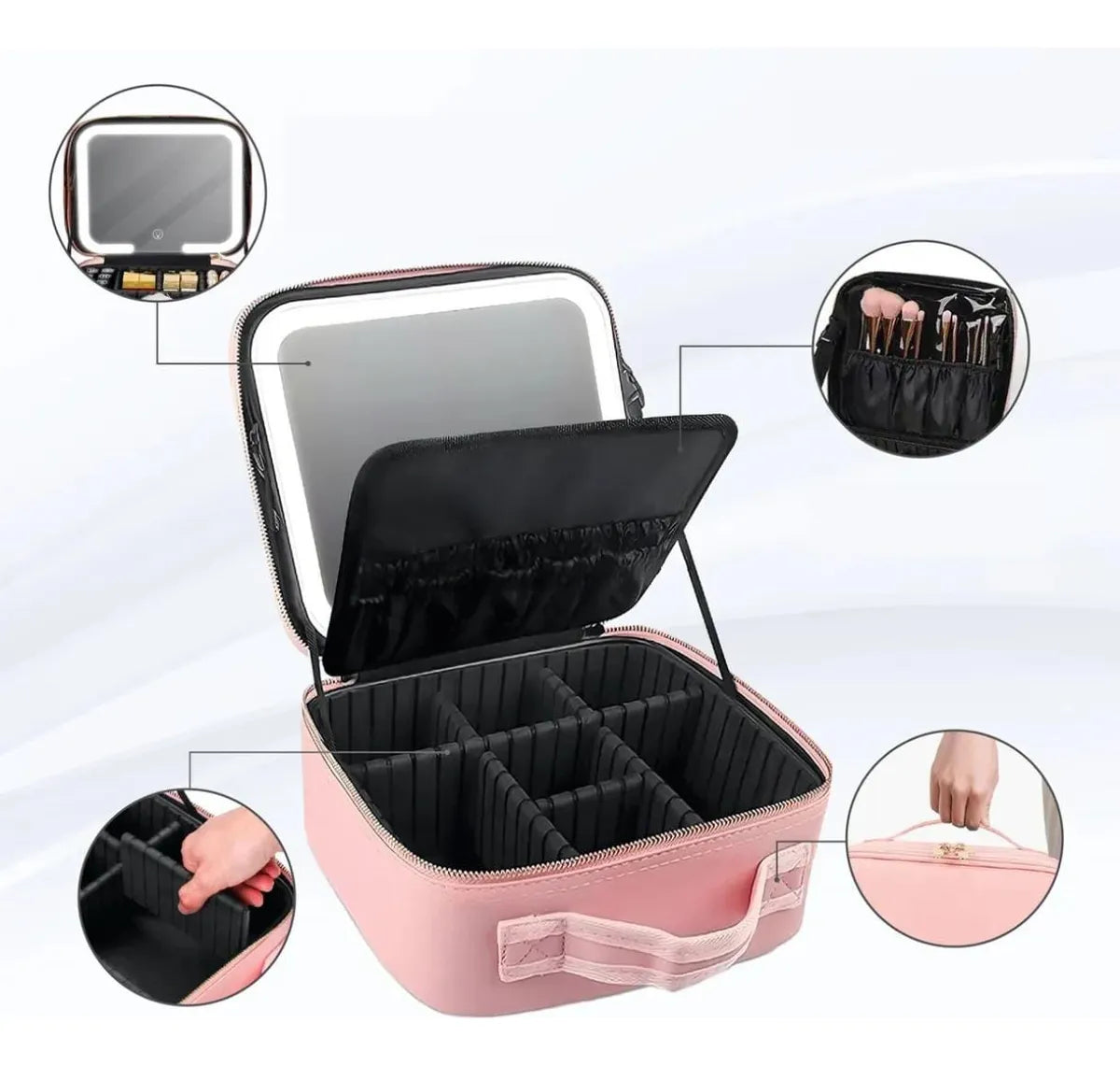 Bolso Maquillaje Cosmetiquero Espejo Led Bolso Mano 26x23x13 Rosa