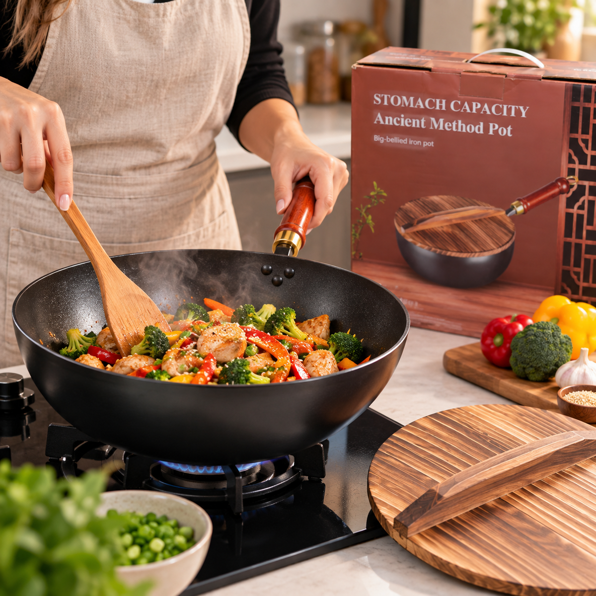 Wok Antiadherente 28 cm con Tapa de Madera y Mango