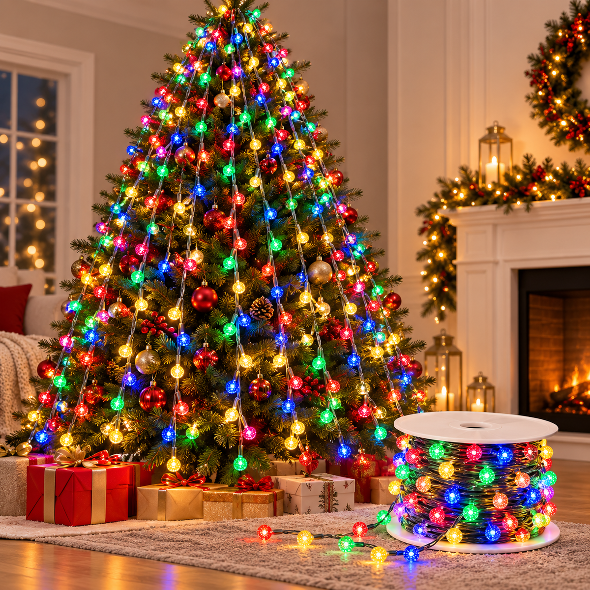 Luces multicolor tipo burbuja en un árbol navideño 50M