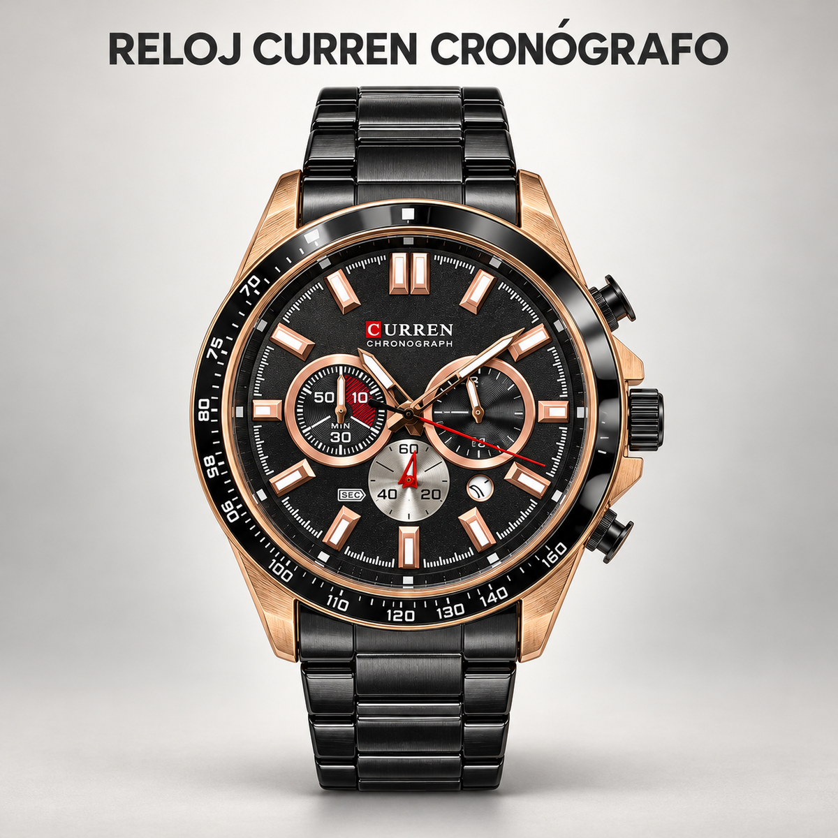 Reloj Curren para Hombre Cronógrafo Negro con Correa Metálica