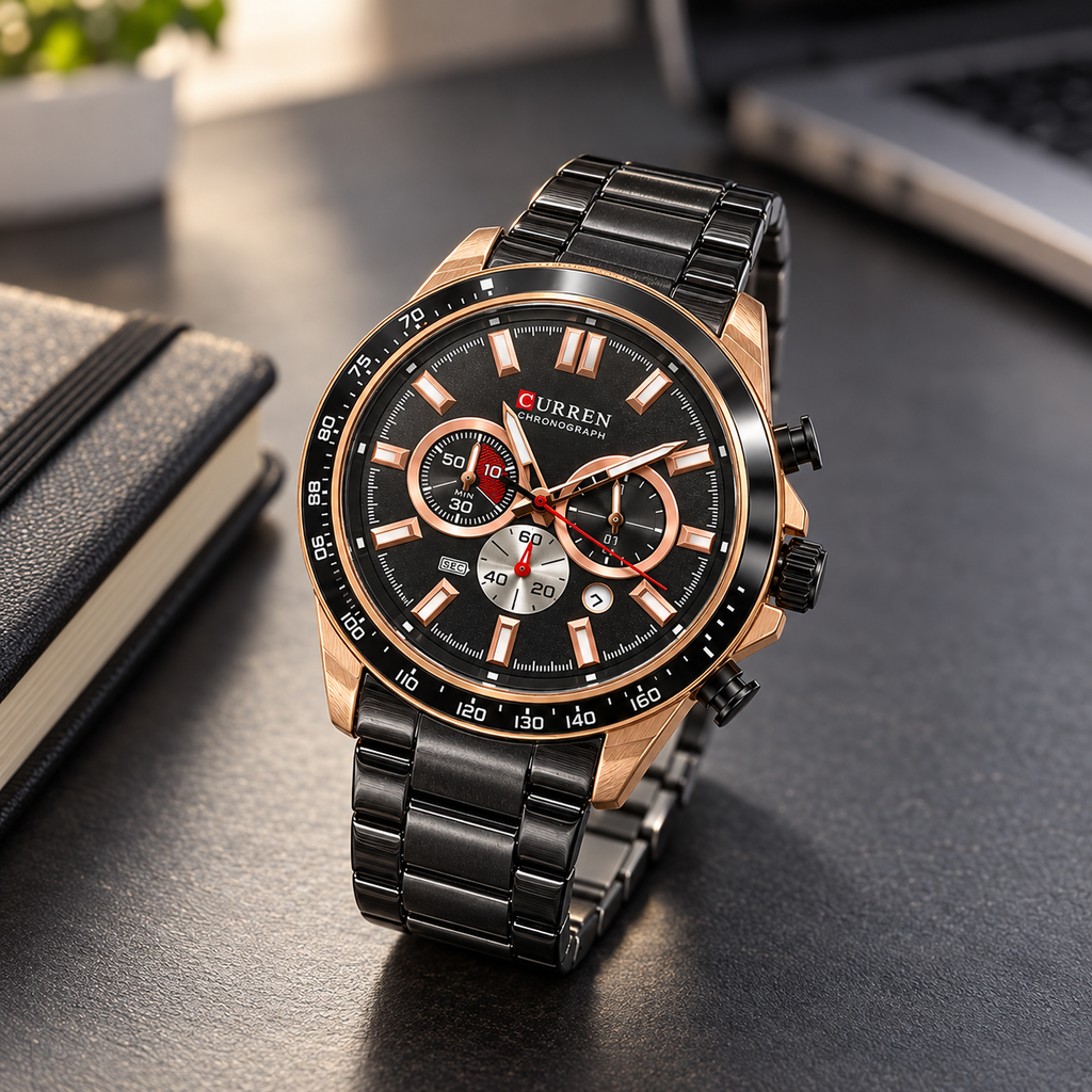 Reloj Curren para Hombre Cronógrafo Negro con Correa Metálica