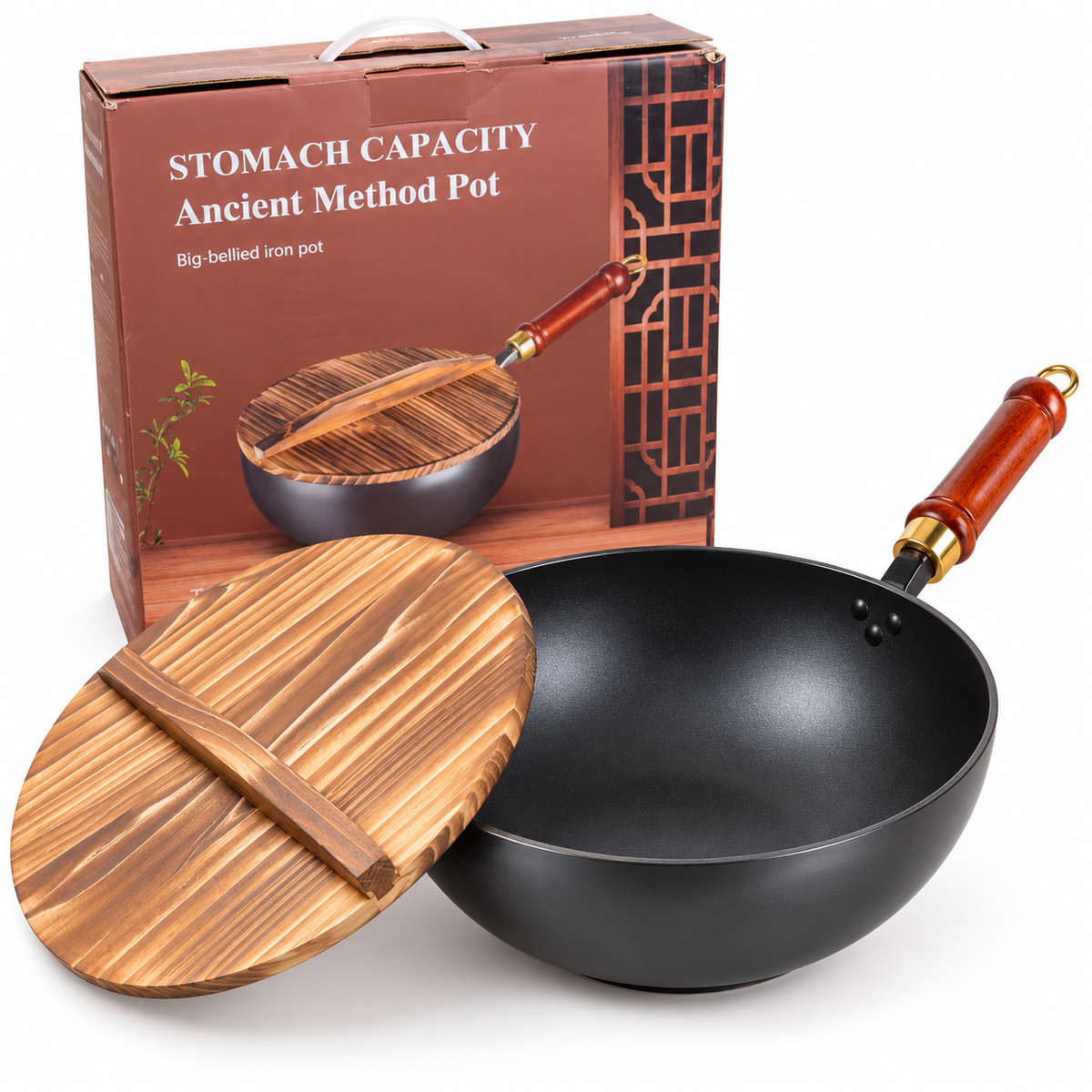 Wok Antiadherente 28 cm con Tapa de Madera y Mango