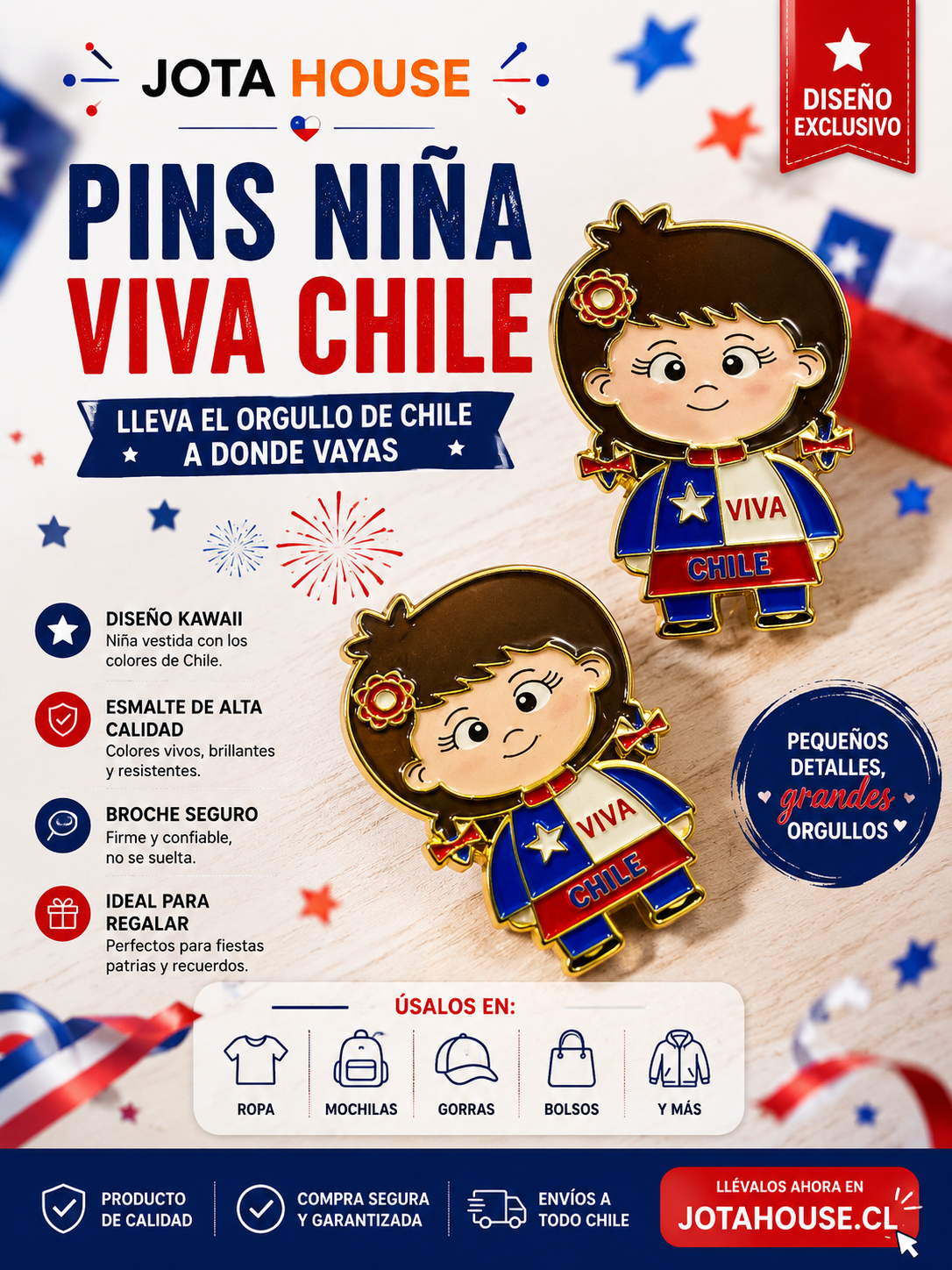 Pack 2 Pin / Solapa Bandera Chile – Diseño Niña