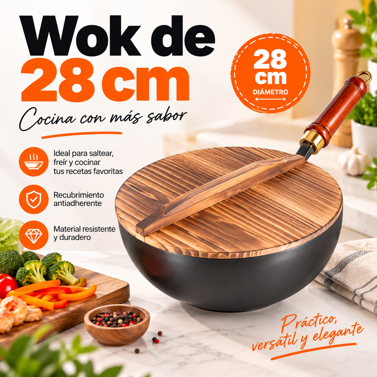 Wok Antiadherente 28 cm con Tapa de Madera y Mango