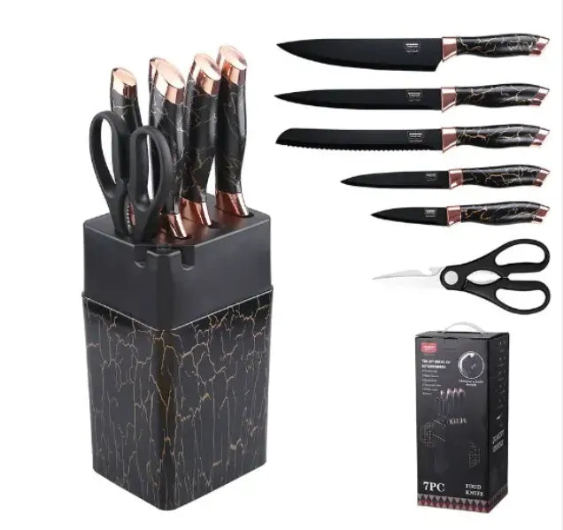 Set Cuchillos De Cocina 7 Piezas Con Bloque Diseño De Mármol