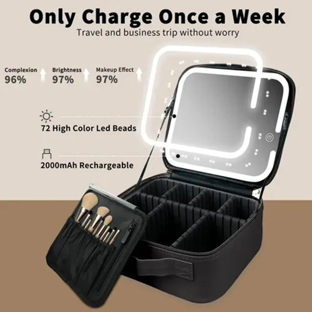 Bolso de maquillaje con Espejo Led Organizador Color Negro