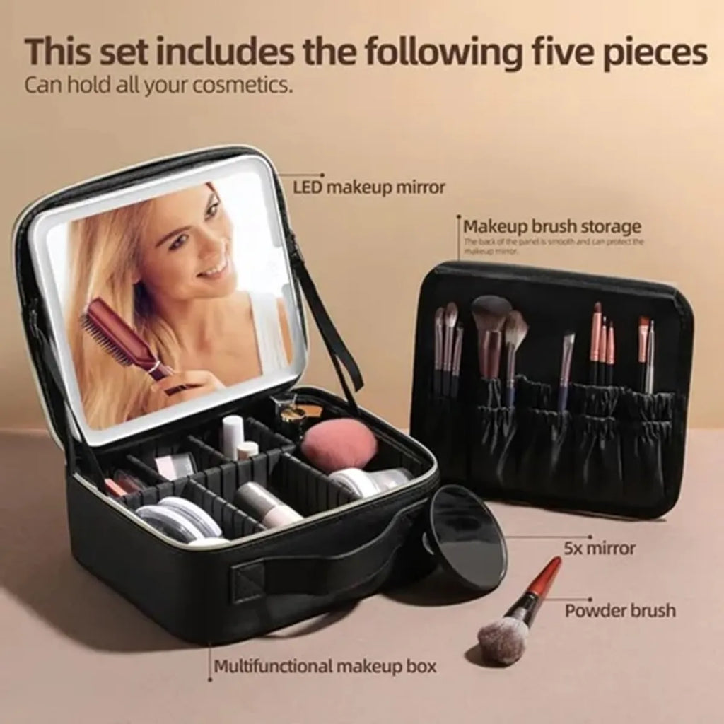 Bolso de maquillaje con Espejo Led Organizador Color Negro